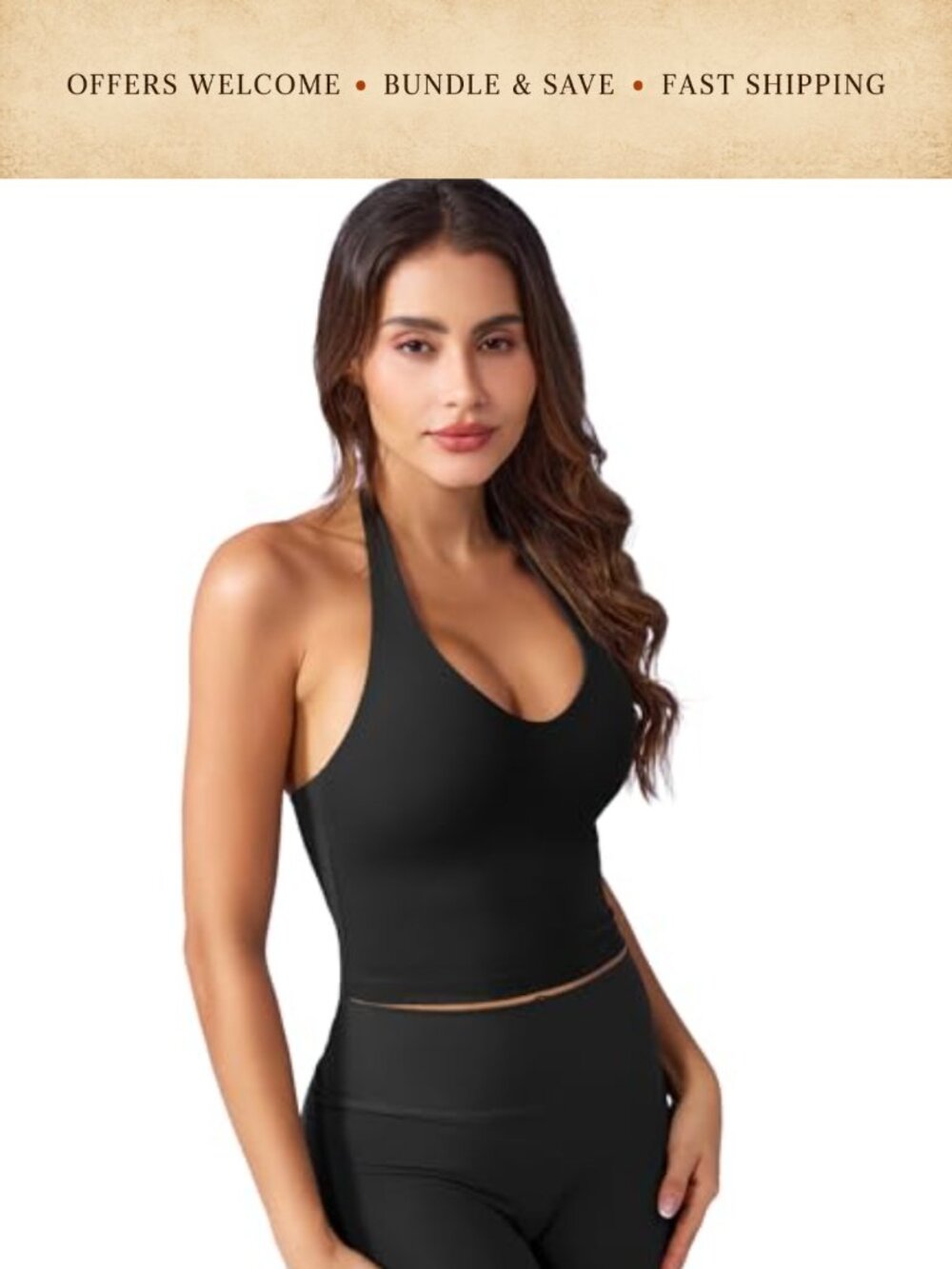 Halter Crop Tank Top with Built-in Bra V-Neck Backless Workout Yoga Top
